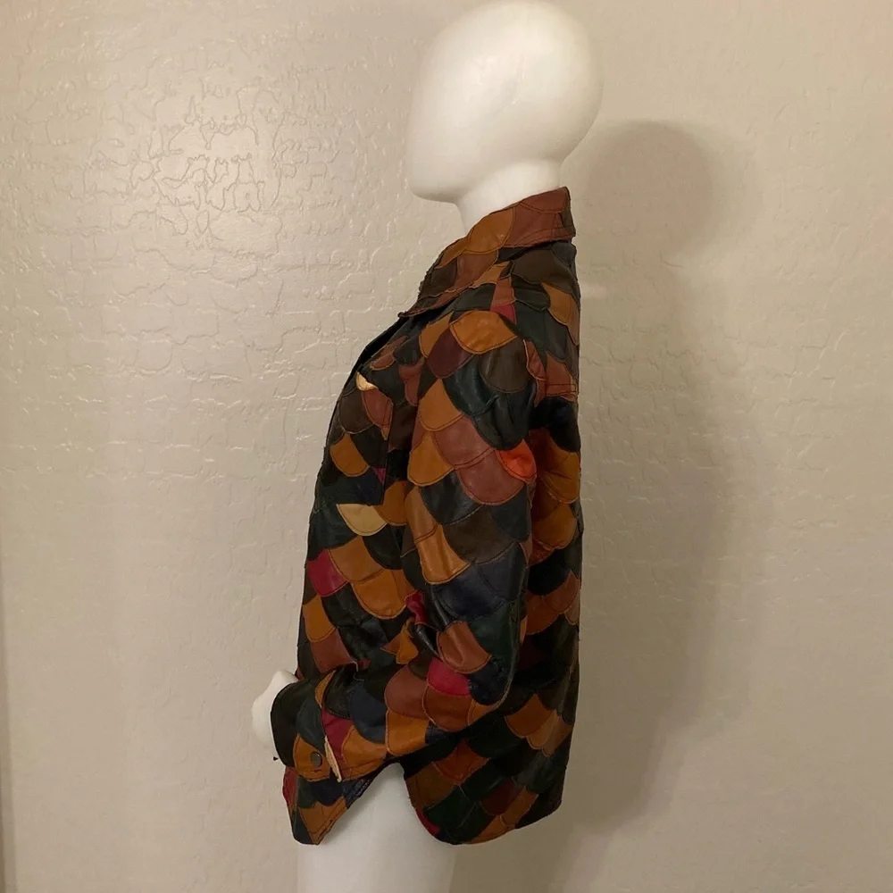 Vintage 1970’s Patchwork Fish Scale Leather Shirt Jacket Medium - Picture 8 of 15